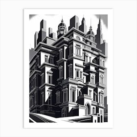 Mansion In The City, black and white art Art Print