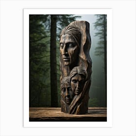 Weathered Wooden Sculpture Carved Human Features Detailed Grain Pattern Reminiscent Of Ancient Ar Art Print