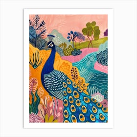 Folky Floral Peacock By The River 2 Art Print