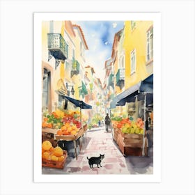 Food Market With Cats In Porto 4 Watercolour Art Print