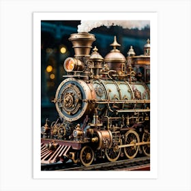 Close Up Of A Steampunk Locomotive Features Intricate Victorian Era Design Accessorized With Brass Art Print