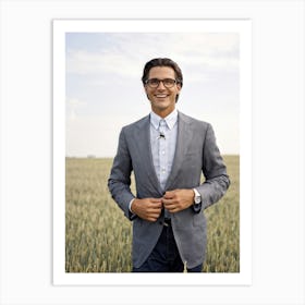 Businessman Smartly Dressed In A Grey Suit With Crisp Button Down Shirt And Jeans Stands Confident (1) Art Print