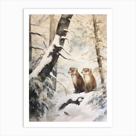 Winter Watercolour Weasel 4 Art Print