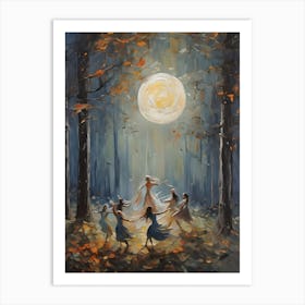 Drawing Down The Moon - Vintage Witches Dancing At Full Moonlight Witchy Art Print And Pagan Painting Wicca Witches Fairytale Cottagecore Witchcore Wheel of The Year Witch Art Print