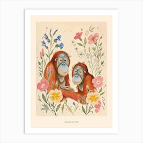 Folksy Floral Animal Drawing Orangutan 3 Poster Art Print