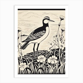 B&W Bird Linocut Lapwing 1 Art Print
