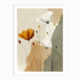 Flowers In Beige, Brown And White Tones, Using Simple Shapes In A Minimalist And Elegant 7 Art Print