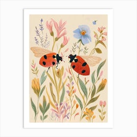 Folksy Floral Animal Drawing Ladybug Art Print