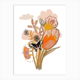 Flower Bouquet And Butterfly Art Print