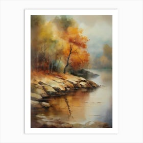 Autumn Lake,Forest Lake, Vintage Oil Painting, Farmhouse Wall Decorations, Antique Landscape, Vintage Landscape Oil Painting.5 1 Art Print