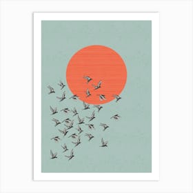 Bird Flock & Sun - Blue & Orange Art Print