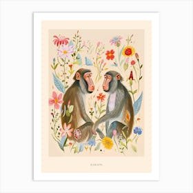 Folksy Floral Animal Drawing Baboon Poster Art Print