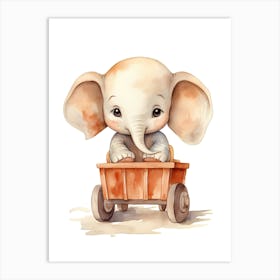 Baby Elephant On Toy Car, Watercolour Nursery 1 Art Print