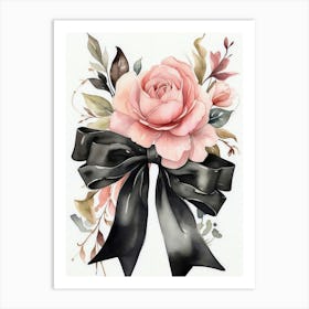 Pink Rose With Black Bow Art Print