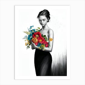 Woman Holding Flowers Art Print