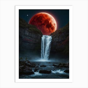 Blood Moon Over Waterfall Art Print