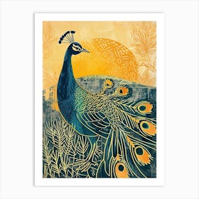 Blue Mustard Peacock In The Wild At Sunset Art Print