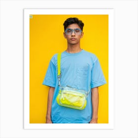 18 Year Old Male Clad In Light Blue T Shirt Transparent Glasses Shouldering A Bag Fore Front And Art Print