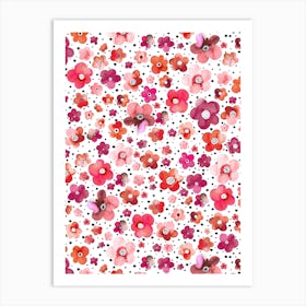 Dots Naive Flowers Red Art Print