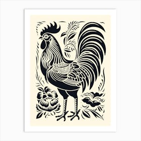 B&W Bird Linocut Rooster 3 Art Print