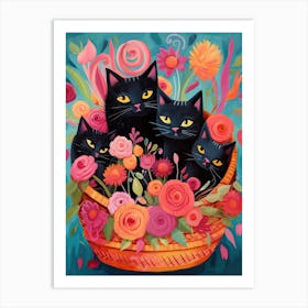 Black Kittens In A Basket Kitsch 3 Art Print