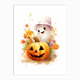 Cute Ghost With Pumpkins Halloween Watercolour 135 Art Print