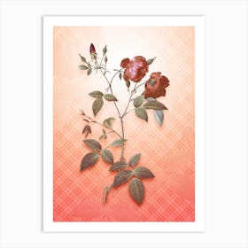 Velvet China Rose Vintage Botanical in Peach Fuzz Tartan Plaid Pattern n.0073 Art Print