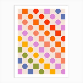 Bold and Playful Check and Dots Pattern - Rainbow colours Art Print