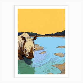Rhino Bathing In The River Simple Illustration 2 Art Print