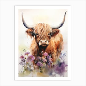 Highland Cow In Wildflower Field Watercolour 3 Art Print