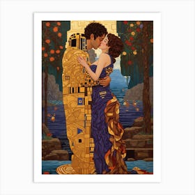 A pixel art version of Gustav Klimt's The Kiss Art Print