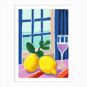 Painting Of A Lemons And Wine, Frenchch Riviera View, Checkered Cloth, Matisse Style 0 Art Print