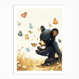 American Black Bear Cub Playing With Butterflies Storybook Illustration 4 Art Print