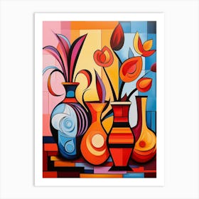 Still Life VII, Avant Garde Abstract Vibrant Painting in Cubism Picasso Style Art Print