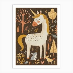 Unicorn In The Meadow With Abstract Woodland Animal Friends Muted Pastel 4 Art Print