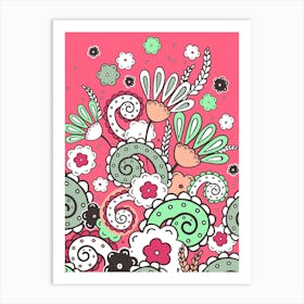 Doodles, Spring Garden, Light emerald and pink version Art Print