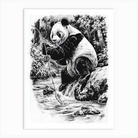 Giant Panda Fishing In A Stream Ink Illustration 2 Art Print