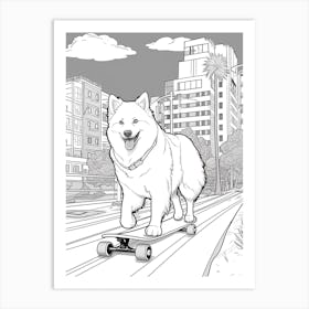 American Eskimo Dog Skateboarding Line Art 4 Art Print