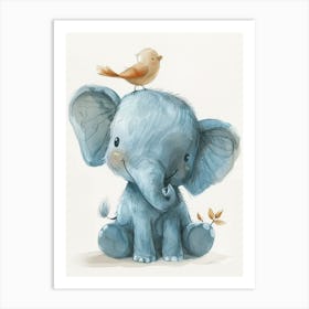 Small Joyful Elephant With A Bird On Its Head 6 Art Print