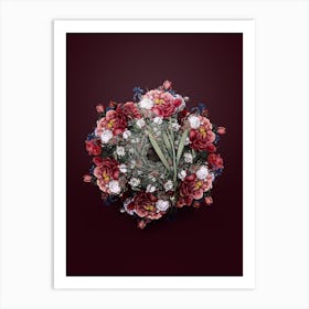 Vintage Gladiolus Mucronatus Flower Wreath on Wine Red n.1385 Art Print