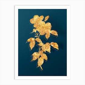 Vintage Tea Scented Roses Bloom Botanical in Gold on Teal Blue Art Print