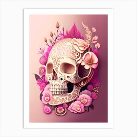 Skull With Intricate Henna 2 Designs Pink Vintage Floral Art Print