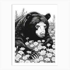 Malayan Sun Bear Resting In A Field Of Daisies Ink Illustration 1 Art Print