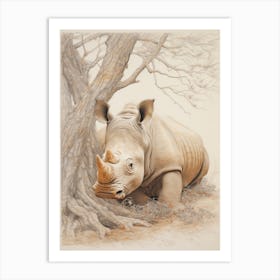 Rhino Lying Under The Tree Detailed Illustration 4 Art Print