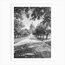 The Texas State Capitol Austin Texas Black And White Watercolour 3 Art Print