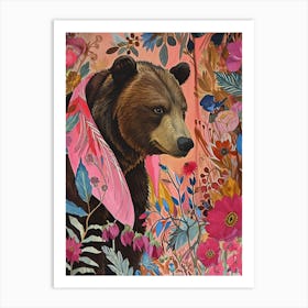 Floral Animal Painting Brown Bear 1 Art Print