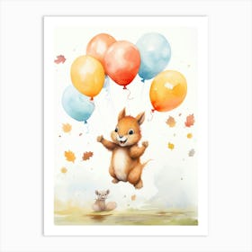 Squirrel Flying With Autumn Fall Pumpkins And Balloons Watercolour Nursery 1 Art Print
