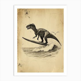 Vintage Giganotosaurus Dinosaur On A Surf Board 2 Art Print