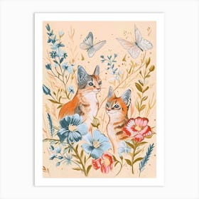 Folksy Floral Animal Drawing Cat 3 Art Print