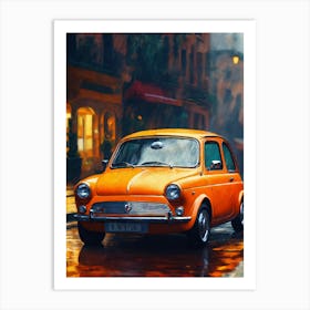 Orange Car In The Rain Art Print